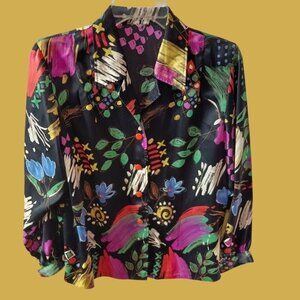 Vintage Abstract Pattern Button-Up Blouse  Long Sleeves Black Multicolor  Medium